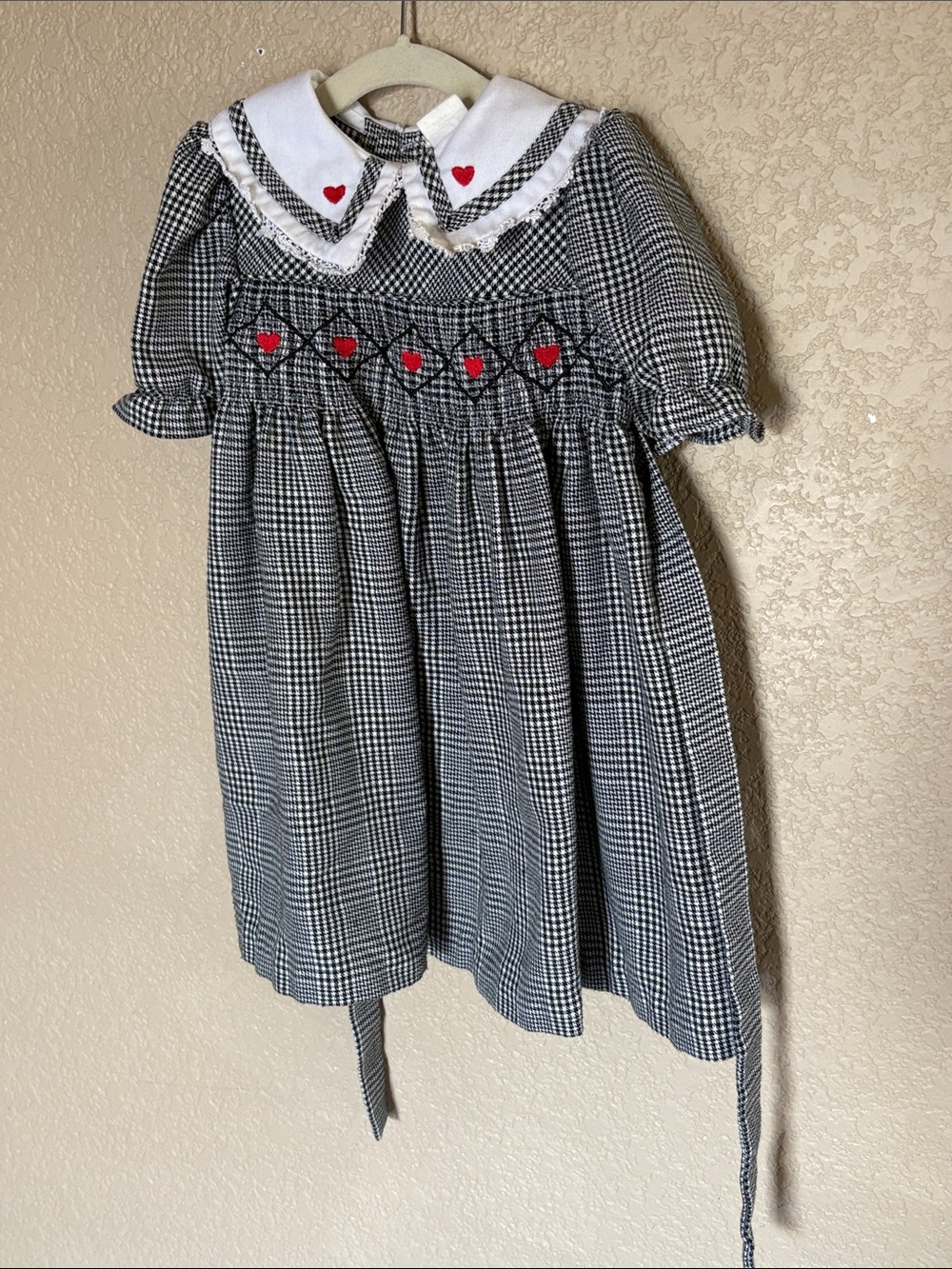 Vintage Black & White Gingham Smocked Dress with Red Heart Accents